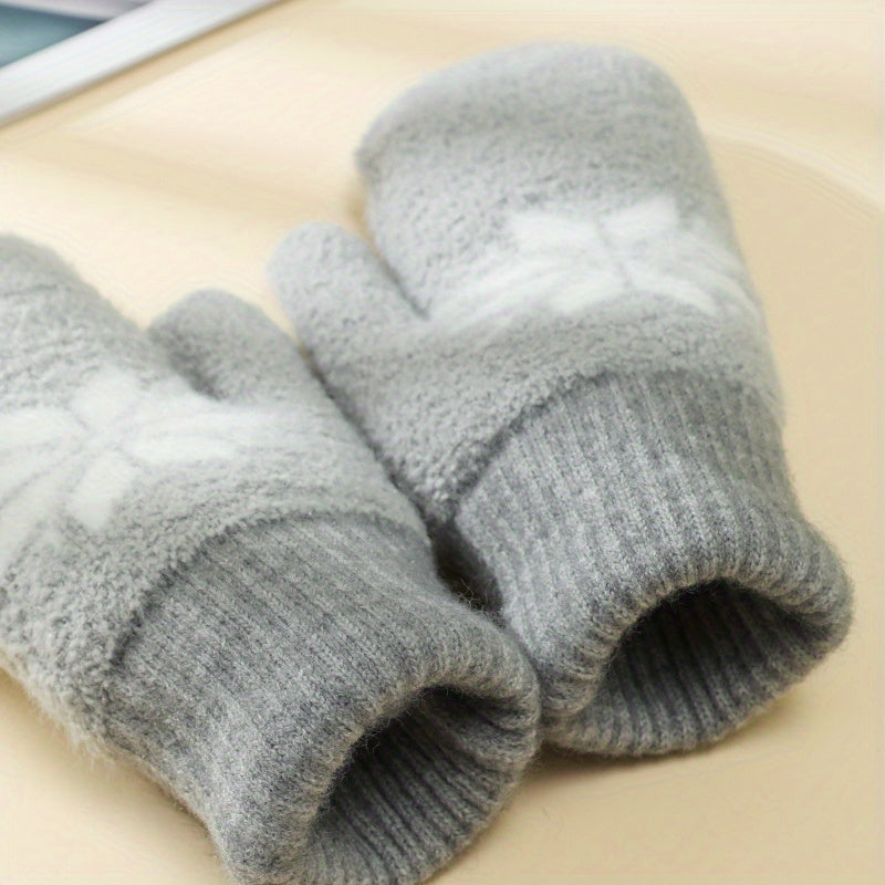 1 Pair Cashmere-Blend Knitted Mittens - Soft Beige Snowflake Design Winter Gloves, Thick Warm & Windproof for Outdoor Use, Hand Wash or Dry Clean, Winter Clothes